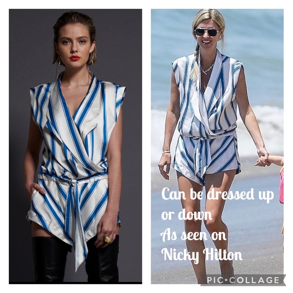 One Teaspoon Blue and White Striped Wrap Romper